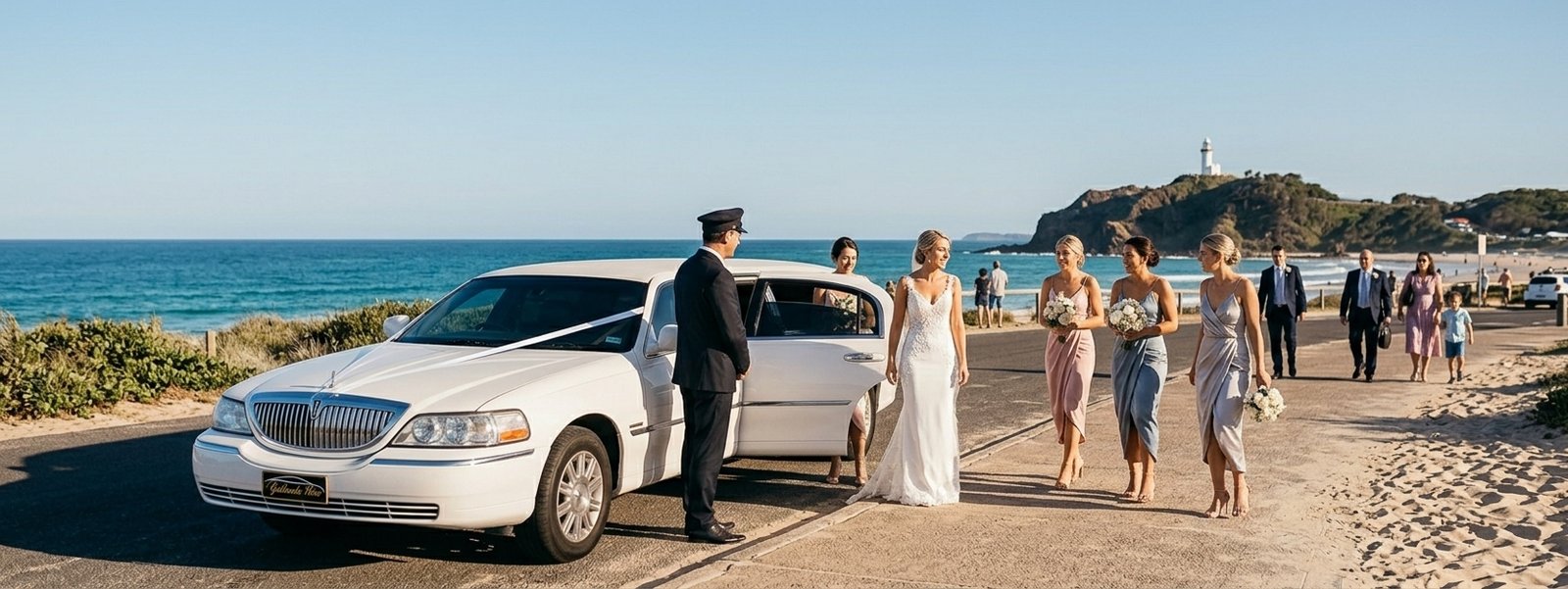 Bridal party stepping out of a white stretch limousine in Sydney