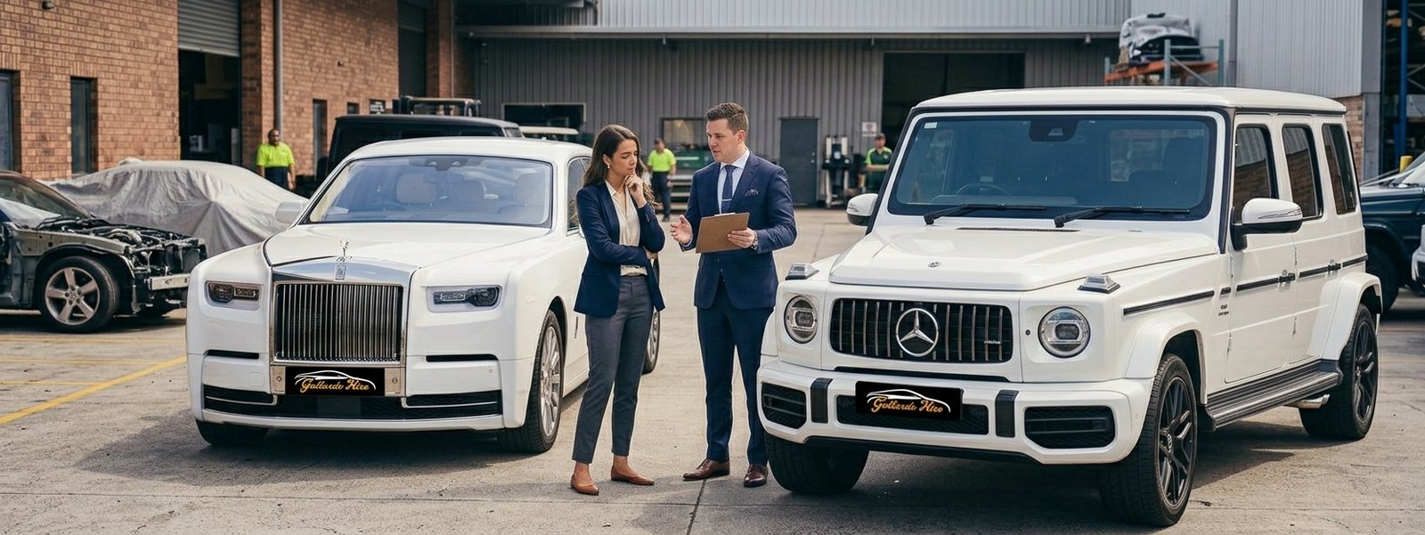 Bride comparing a Rolls-Royce and a G-Wagon for her wedding day