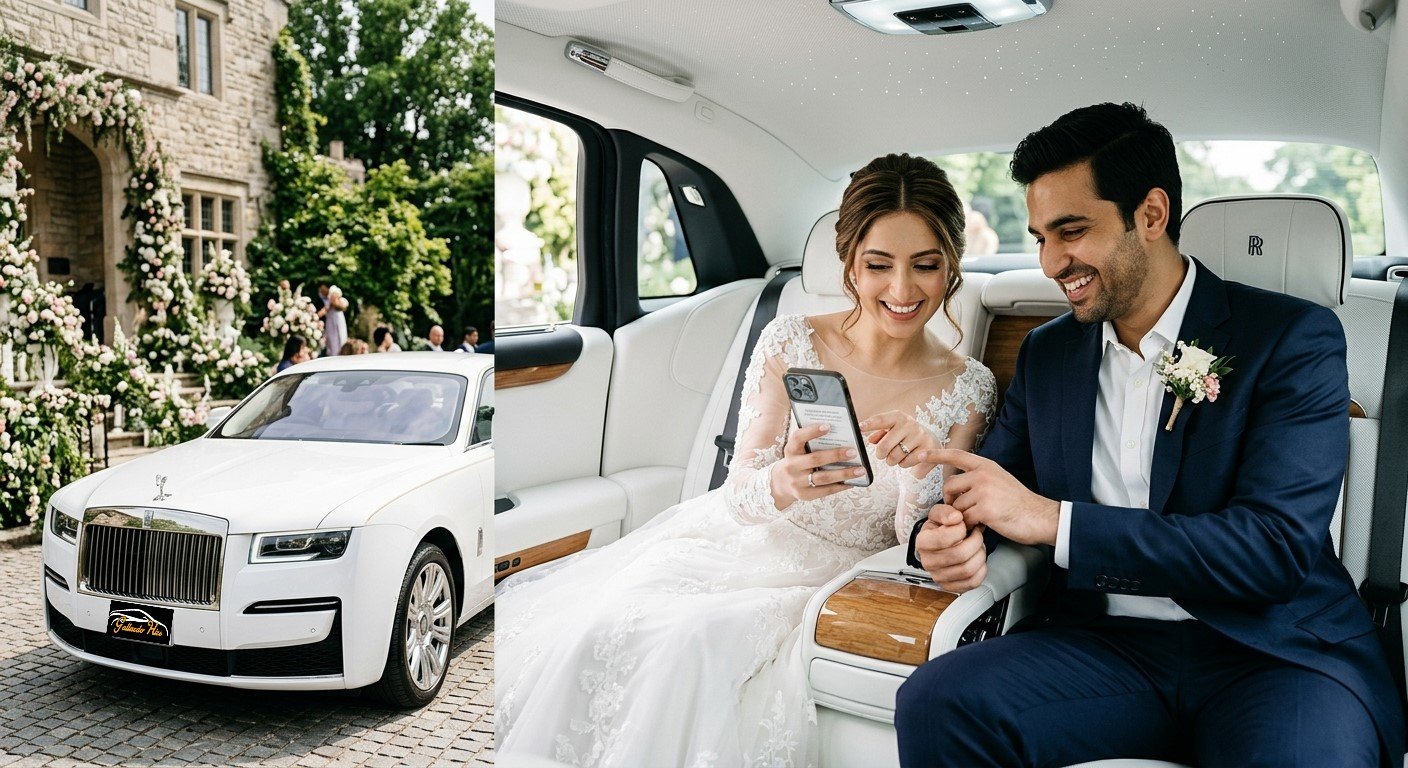 Couple checking a wedding car booking confirmation