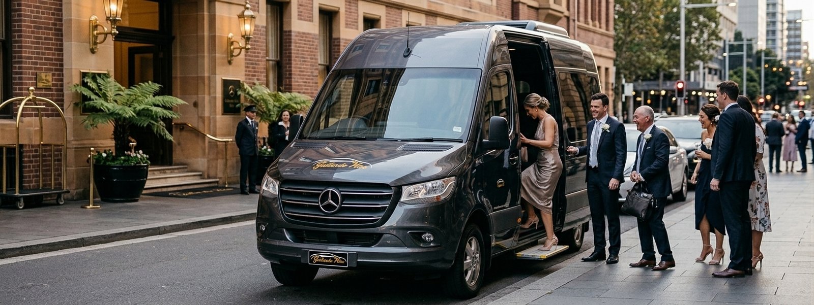 Wedding guests boarding a Mercedes Sprinter van outside a hotel
