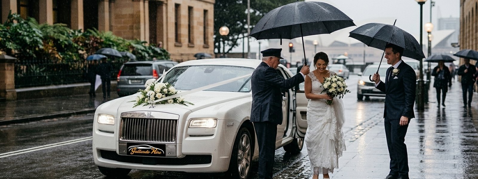 Wedding car with umbrella arrival on a rainy Sydney winter day